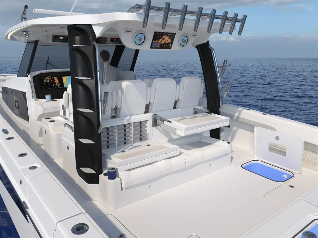 A modern boat interior showing spacious seating, a dashboard with screens, and ocean views in a sleek design.